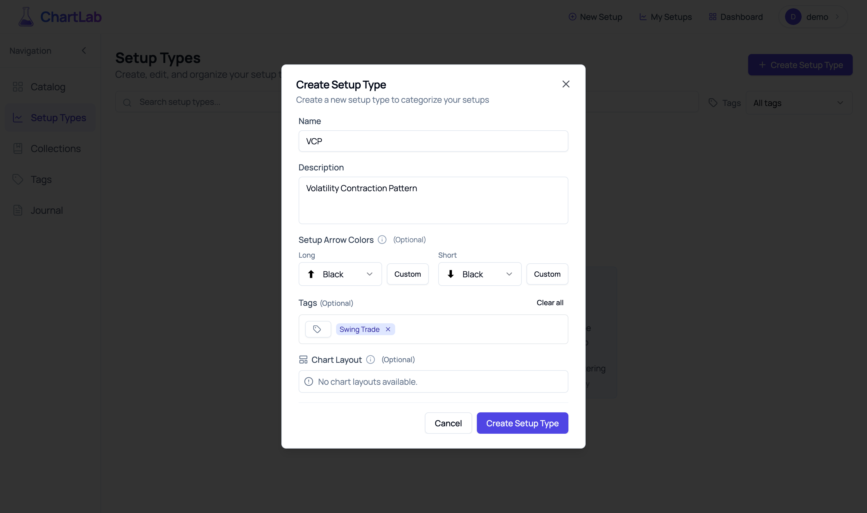 Create Setup Type Dialog - Define your pattern's characteristics