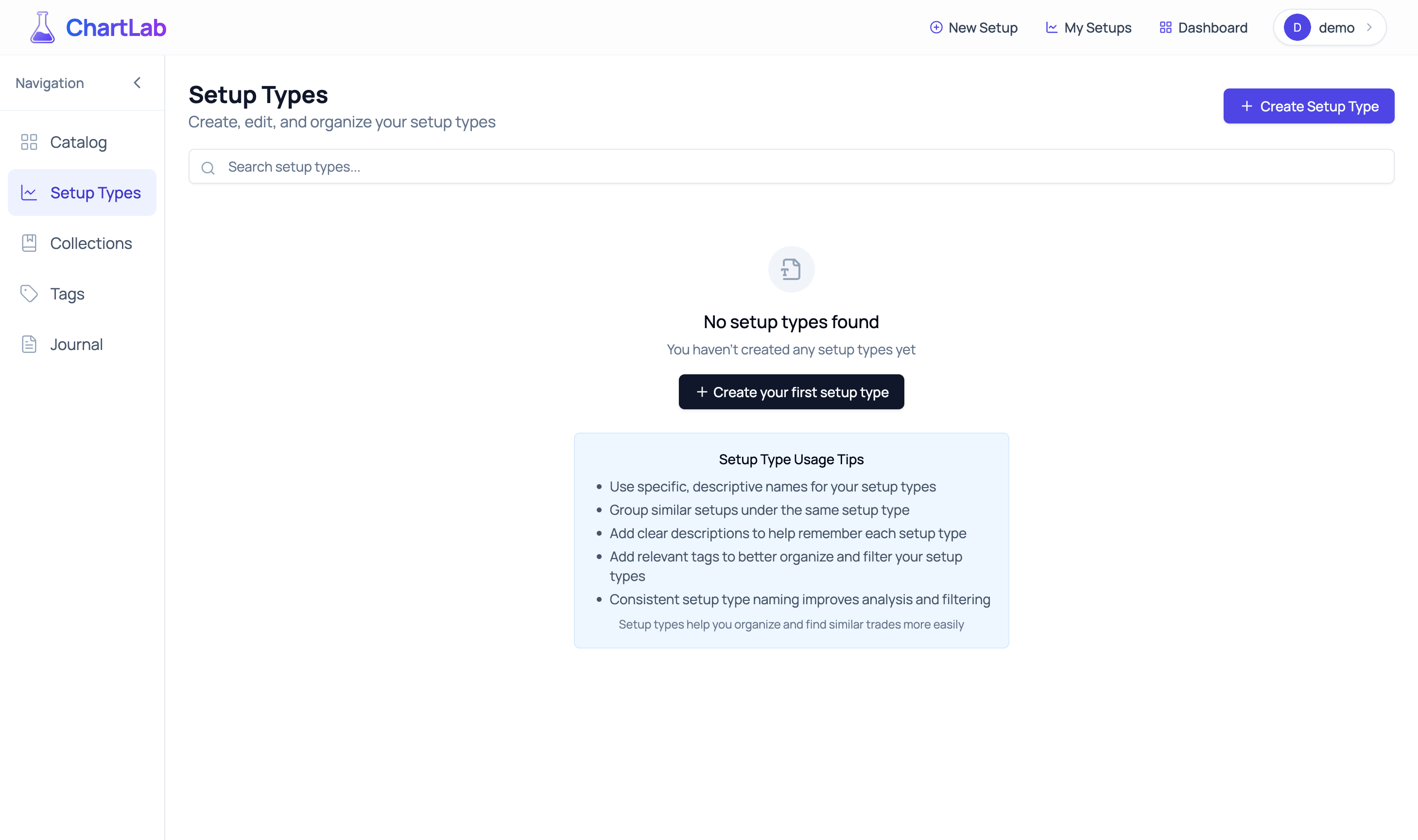 Empty Setup Types Page - Where your trading system begins